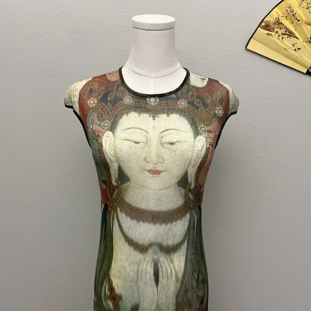 vintage 90s rare vivienne tam kuan yin buddha print mesh maxi dress - Picture 5 of 9
